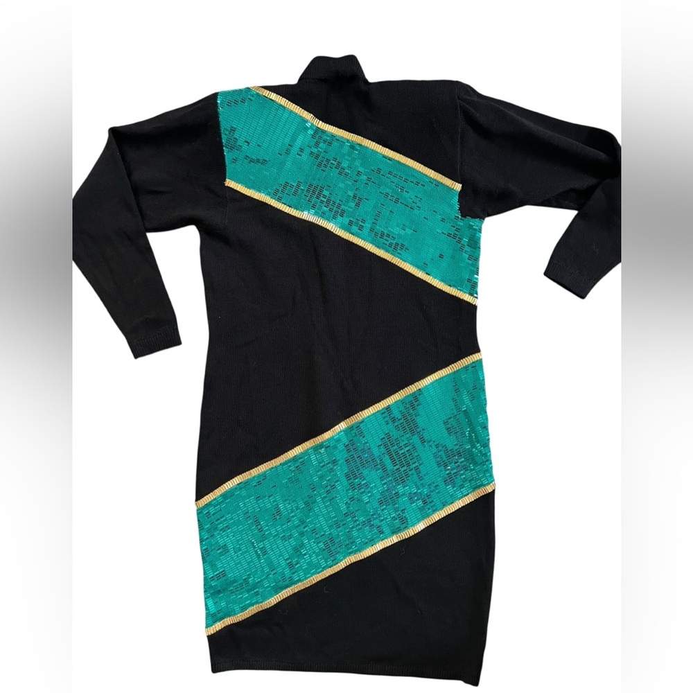 Vintage St. John By Marie Gray Sequin Dress Black & Emerald Gold Trim Size 2